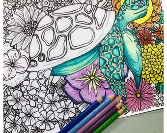 Sea Turtle Printable Coloring Page, Floral Design Coloring, Digital Download, Adult Coloring, Ocean Life Coloring Page, Hand Drawn Coloring