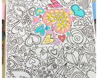 Be Mine Valentine Printable Coloring Page, Adult Coloring Page, Valentine Hearts Coloring Page, Digital Download Valentine Day Color Page