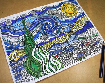 The Starry Night Printable Coloring Page, Adult Coloring Page, Vincent Van Gogh's The Starry Night, Classic Artwork Coloring Page