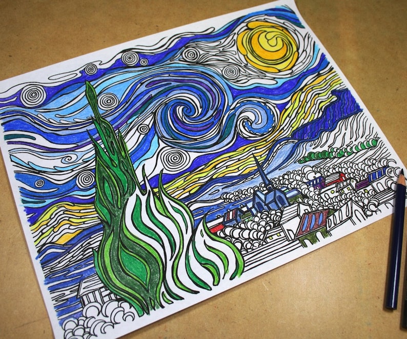 The Starry Night Printable Coloring Page Adult Coloring ...