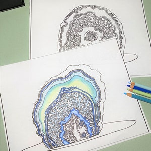 Geodes Adult Coloring, Instant Download Coloring Pages, Two Pack, Digital Download, Two Printable Pages, Geodes Rocks Coloring Design image 3