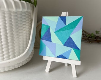 Small Abstract Art Painting, Acrylic Painting with Easel, Mini Canvas Art with Easel, Colorful Geometric Art, Lines and Colors Art, 4x4