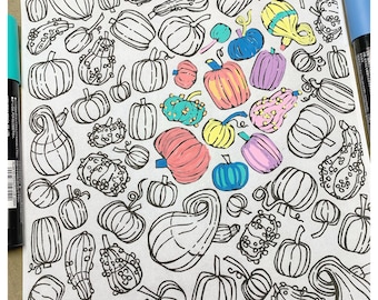 Pumpkins & Gourds Printable Coloring Page, Adult Coloring Page, Fall Themed Coloring Page, Digital Download Pumpkin Design Color Page