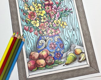 Renoir Still Life Printable Coloring Page, Adult Coloring Page, Classic Artwork Coloring, Handdrawn Coloring Page, Floral Coloring Page