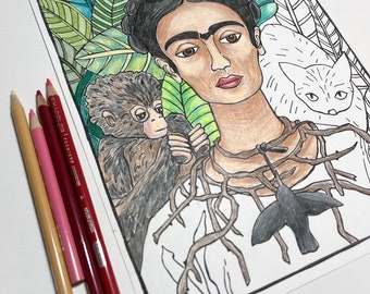 Frida Kahlo Self Portrait Printable Coloring Page, Adult Coloring Page, Classic Artwork Coloring, Handdrawn Coloring Page, Digital Download