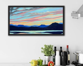 Blue Mountains Sunrise Painting, Framed Acrylic Painting, Landscape Wall Art, Mountainscape Contemporary Art, Painting on Canvas, 12x24