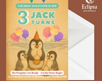 Invitación de cumpleaños de pingüinos / Invitación digital / Fiesta de primer o segundo cumpleaños / Invitación para baby shower / PNG imprimible / Tema de pingüinos