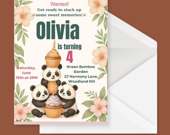 Invitación de panda y fiesta de cumpleaños imprimible digital / Plantilla editable con temática de panda para cumpleaños / Panda PNG