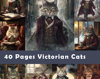 Arte de gatos en acuarela victoriano y vintage: kit de diario basura, paquete de imágenes prediseñadas digitales, imprimibles para amantes de los gatos