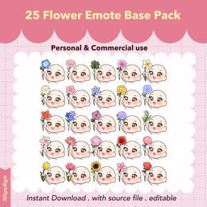 Puede incluir: Un conjunto de 25 gráficos de paquete base de emoticonos de flores. Cada gráfico presenta un personaje de dibujos animados sosteniendo una flor diferente. El texto dice "25 Flower Emote Base Pack", "Personal & Commercial use" y "Instant Download. with source file . editable."