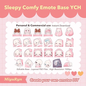 Könnte beinhalten: Eine rosa-weiße digitale Kunstgrafik mit dem Text "Sleepy Comfy Emote Base YCH". Das Bild zeigt verschiedene schlafende Charakterdesigns, darunter solche mit Tier-Themen-Kapuzen und Schlafmasken. Der Text enthält "Personal & Commercial use Instant Download".