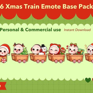 Puede incluir: Ilustración digital con seis emoticonos de vagones de tren navideños. Cada vagón contiene un personaje diferente, como un muñeco de nieve, un reno y Papá Noel. El texto "6 Xmas Train Emote Base Pack" está en la parte superior.