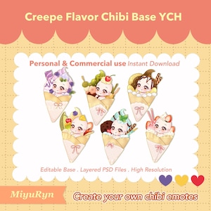 Può includere: Illustrazione di sei personaggi chibi in coni di crepe, ognuno con condimenti unici come bacche e cioccolato. L'immagine include il testo "Crepe Flavor Chibi Base YCH" e "Create your own chibi emotes."