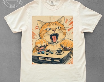 Retro Gamer Cat T-Shirt - Funny Arcade Cat Art, Gaming Cat Lover Gift, Cat t-shirts, Vintage Kitty Graphic Top, Gamer Apparel
