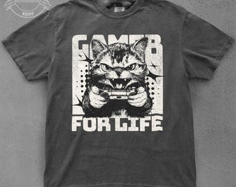 Camiseta Gamer For Life Cat: camiseta divertida para videojuegos, camiseta de jugador con gato enojado, regalo nerd para amantes de los videojuegos