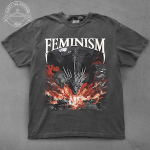 Feminisme Dragon T-shirt - T-shirt uniseks, donkere kunst, retro grunge, vintage cadeau, shirt mythisch wezen