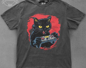Black Cat Gamer T-Shirt - Funny Retro Gaming Cat Shirt, Video Game Lover Gift, Unisex Tee, Graphic Tee, Geeky Shirt, Cat Lover Gift, Gamer