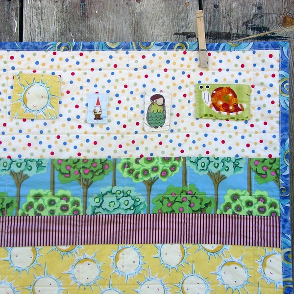 Modern Baby Quilt - Woodland - Snails, Owls, Gnomes and Suns  - Reversible Baby Toddler Quilt - Cotton Fabrics - "LITTLE CRITTERS"