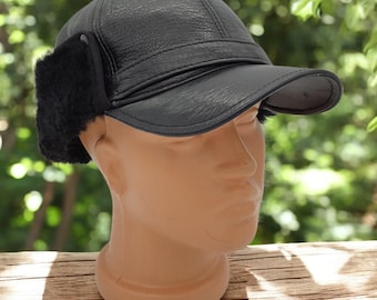 Genuine Leather Winter Hat with Furry Ear Flaps