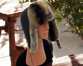Lambskin Leather Ushanka Hat, Rabbit Fur Earmuffs, Handmade