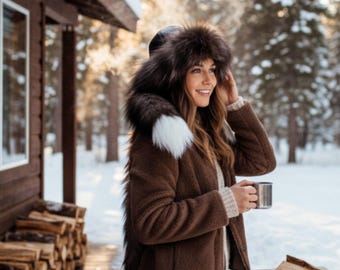 Genuine Leather Beret with Fox Fur Tail, Winter Hat