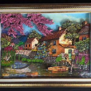 Handmade 3D Layered Paper Relief Wall Art – Rustic Riverside Village Scene – Unique Artisan Framed Wall Decor – Cottagecore Nature Home Gift