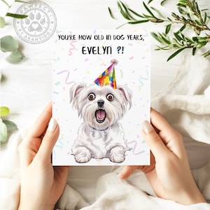 Funny Personalized Birthday Card for Dog Lovers – Maltese Design – You're How Old in Dog Years?! – Custom Name & Text – Humorous Gift
