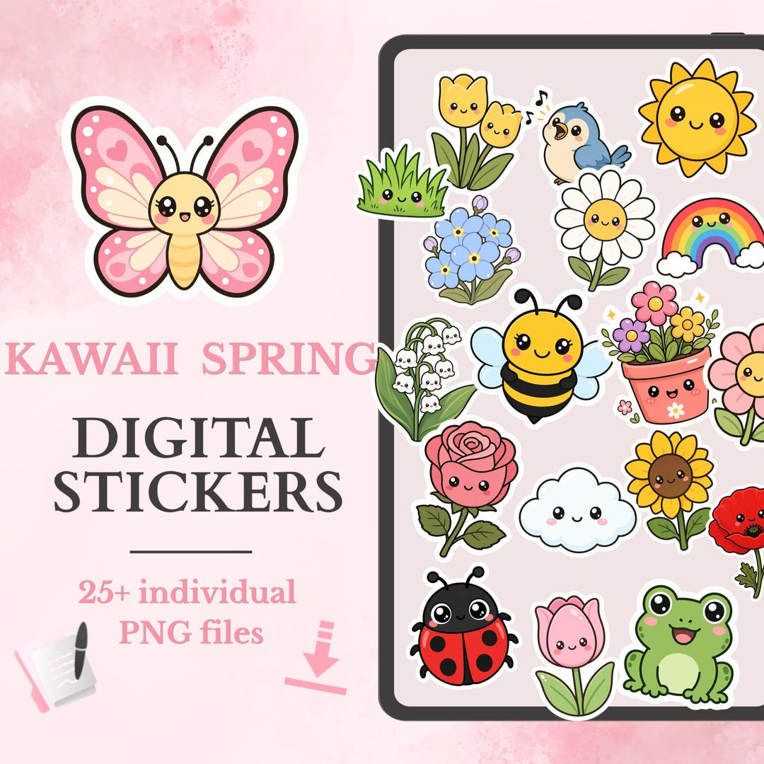 Kawaii Spring Stickers PNG | Cute Flowers, Tulips, Butterfly & Pastel ...