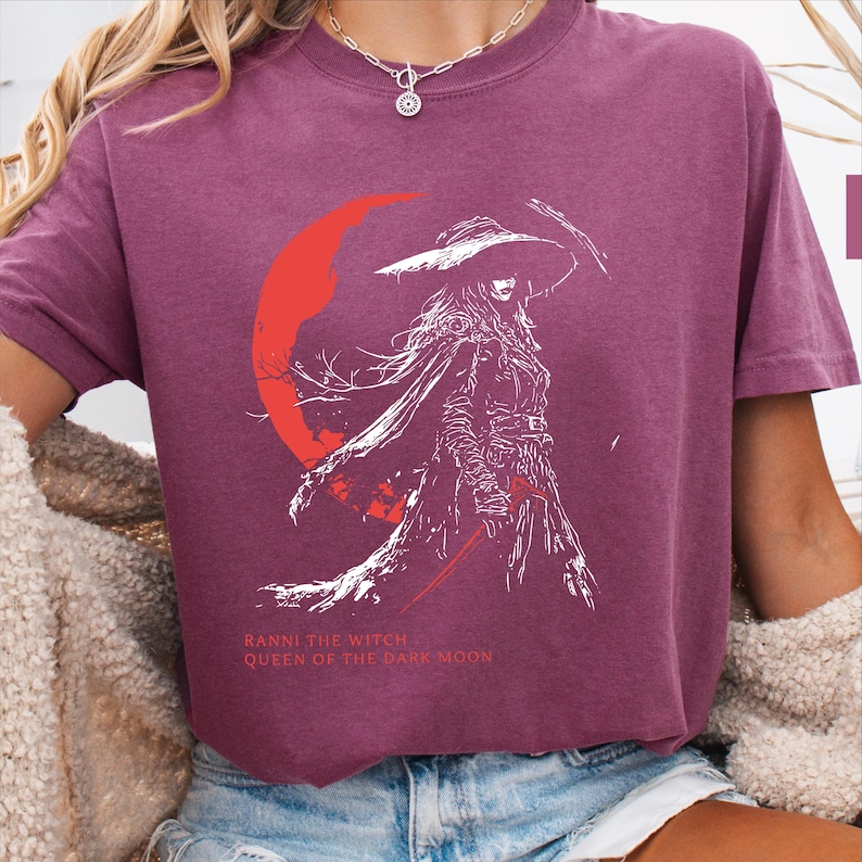 Purple Comfort Colors Elden Ring t-shirt with Ranni the Witch Queen of the Dark Moon anime graphic, RPG gamer gift top
