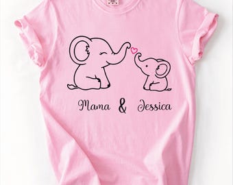 Personalized Mama and Baby Elephant Shirt, Mother’s Day Gift for Mom, Custom Name Mama Tee, Cute Mom Daughter Son Shirt