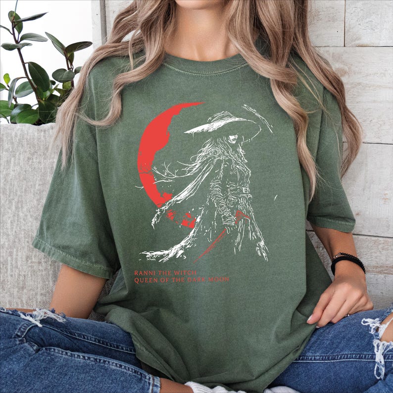 Forest green Comfort Colors Elden Ring tee featuring Ranni the Witch Queen of the Dark Moon graphic, dark fantasy RPG shirt