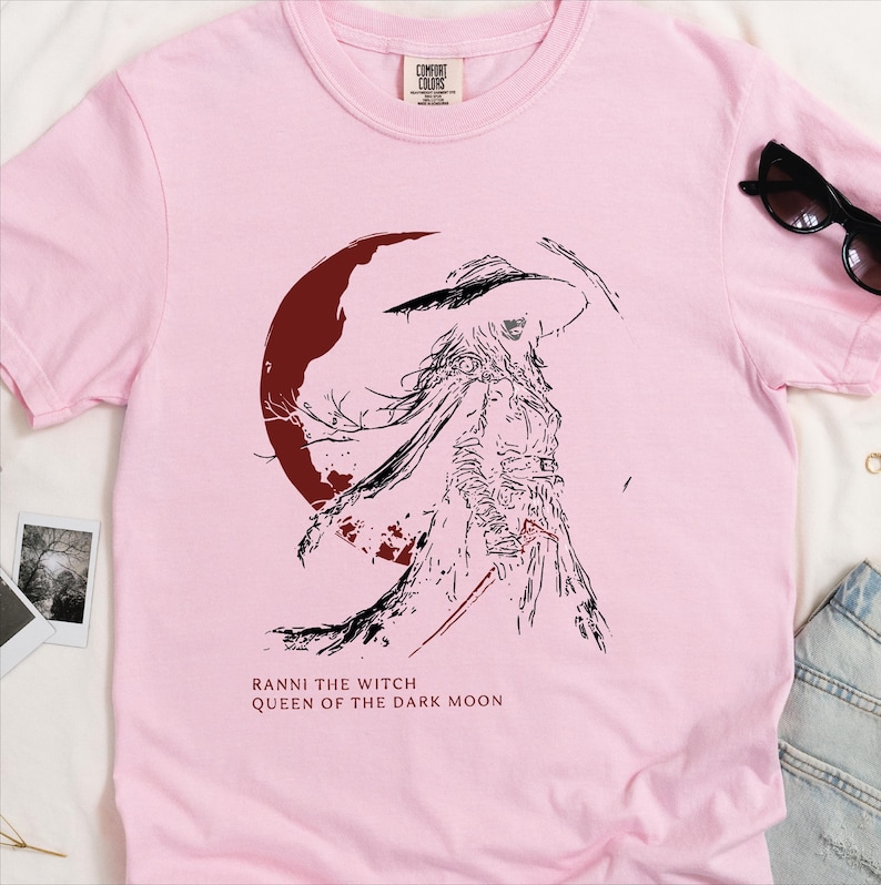 Pink Comfort Colors Elden Ring t-shirt with Ranni the Witch Queen of the Dark Moon design, anime Soulslike gamer fan gift