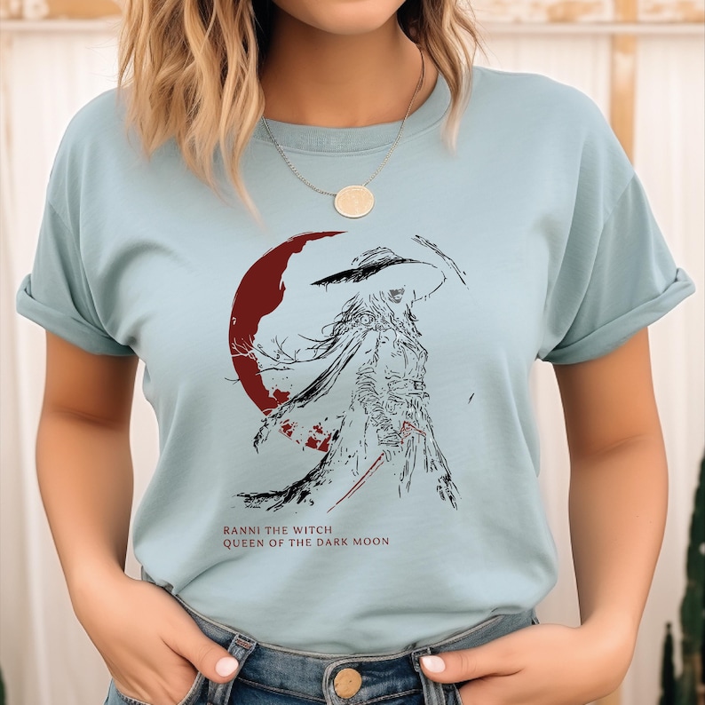 Light blue Comfort Colors Ranni the Witch Queen of the Dark Moon shirt, Elden Ring anime Soulslike graphic tee for gamers