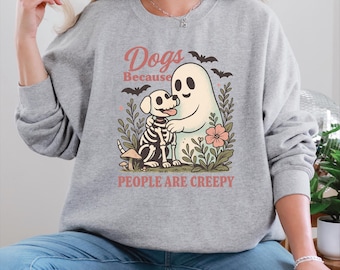 Spooky Dog Mom Sweatshirt – Halloween Pullover with Ghost and Skeleton Dog – Funny Fall Gift for Pet Lovers Who Prefer Dogs Over People