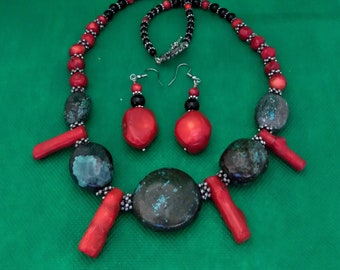 Turquoise and Coral Necklace and Earring Set