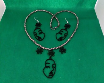 Silver and BlackFlower Girl Necklace and Earring Set