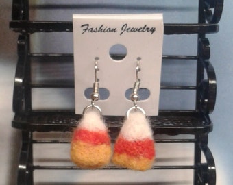 Needlefelted wool candy corn earrings Halloween