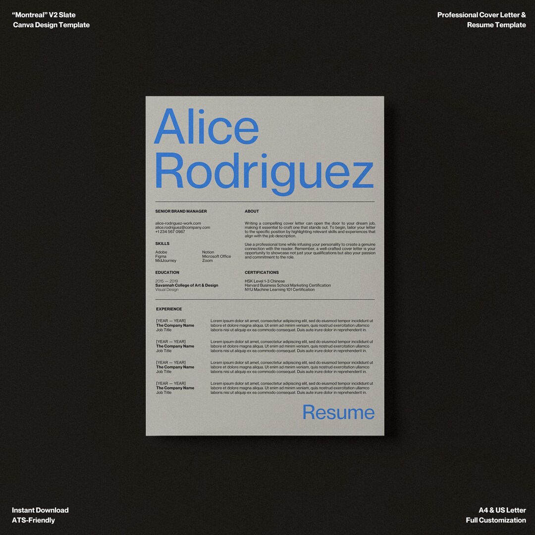Minimalist Resume Template, Grey Blue Canva CV, Cover Letter (digital ...