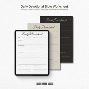 May include: A digital tablet and two paper worksheets with the text "Daily Devotional." The tablet displays a worksheet with prompts for name, date, Bible verse, and reflection. The paper worksheets are beige and black.