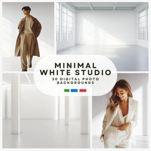 May include: A digital product listing for 30 digital photo backgrounds. The image shows a white studio with a person standing in the background. The text "Minimal White Studio" and "30 Digital Photo Backgrounds" is displayed in the center of the image.