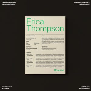 Minimalist Resume Template, Clean Creative Resume Template CV Minimalist Type Design, Green, Beige, Black Canva Simple Minimal, Cover Letter