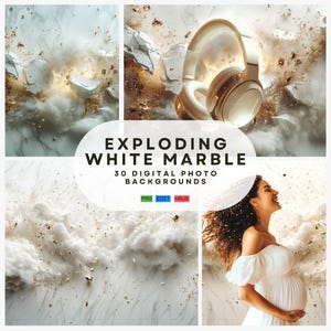 May include: A composite image featuring white marble backgrounds with gold accents, a pair of white headphones with gold trim, and a pregnant person in a white dress. Text reads "EXPLODING WHITE MARBLE" and "30 DIGITAL PHOTO BACKGROUNDS".