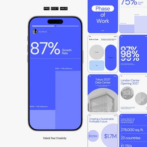May include: A smartphone screen displays a blue interface with the text "87% Growth Rate." Surrounding the phone are various blue and white informational cards with data visualizations and text. The image includes the text "Unlock Your Creativity."