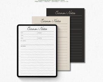 Predigtnotizen druckbare und bearbeitbare PDF-Datei, Vorlage für die Kirchenanbetung, Bibelstudienzeitschrift, christlicher Notizplaner, Goodnotes iPad, A4
