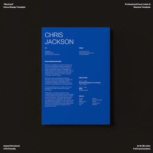 Plantilla de CV minimalista, plantilla de CV minimalista limpia, diseño de tipografía simple, compatible con ATS, plantilla de CV de Canva en blanco y azul, carta de presentación