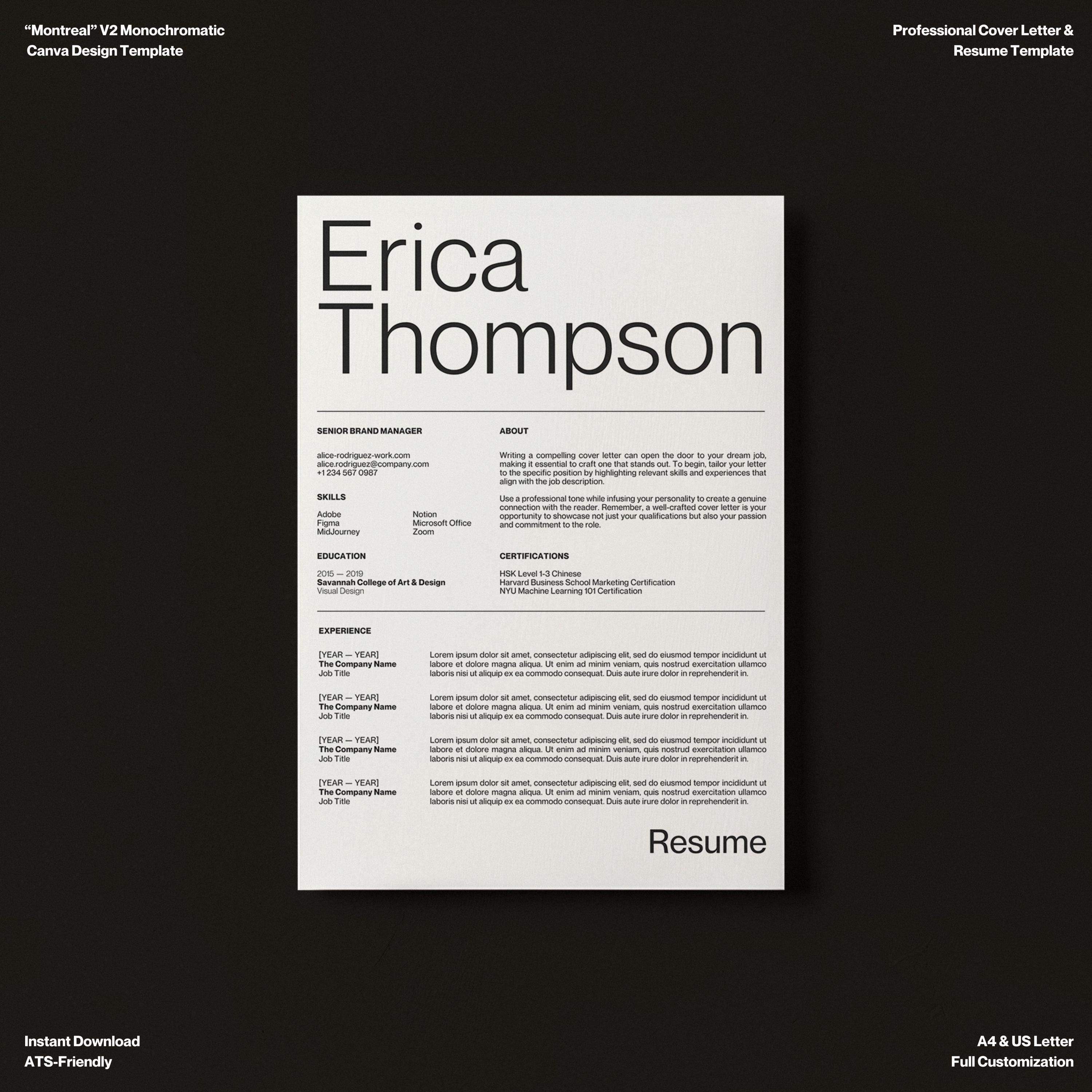Minimalist Resume Template, Clean Minimalist Resume Template Simple Type Design, ATS friendly, White Canva CV Template, Cover Letter
