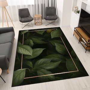 Forest Theme Rug, Dark Green Tropical Leaf Patterned Carpet, Green Leaf Rug, Dark Green Rug with Botanical, Green Rug for Living Room