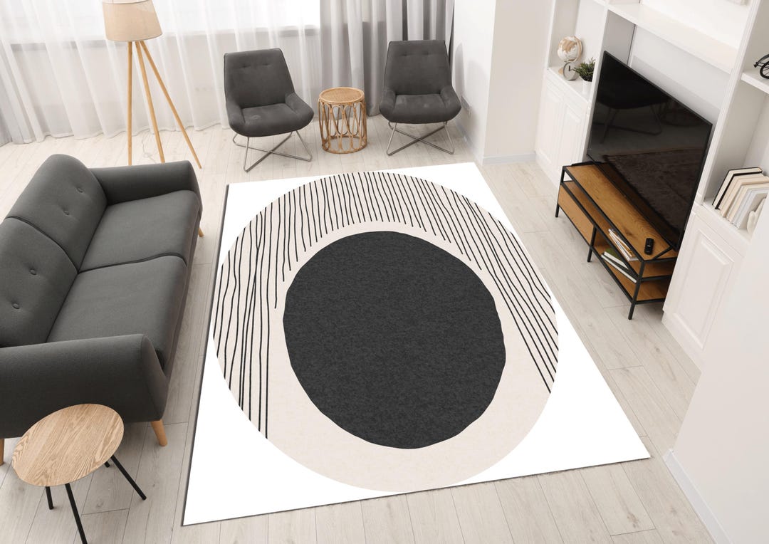 Black and White Living Room Carpet, Black Line Pattern Rug, Minimalist