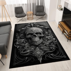 Black And White Skull Rug, Gothic Skull Design With Floral İntertwined, İntricate Gothic Rug, Skull Rug For Horror Room Decor, Skull Rug