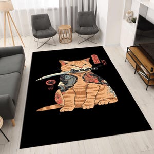 Samurai Cat Rug, Japanese Cat Motif Rug, Japanese Cat Rug, Anime Rug, Fantastic Rug, Japanese Rug, Kitchen Rug,Bedroom Rug, Anime Cat Rug,